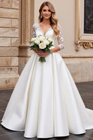Load image into Gallery viewer, Ivory Satin A Line Sweetheart Sweep Train Wedding Dress with Lace
