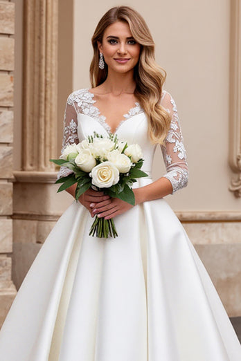 Ivory Satin A Line Sweetheart Sweep Train Wedding Dress with Lace