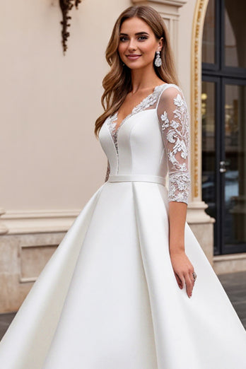 Ivory Satin A Line Sweetheart Sweep Train Wedding Dress with Lace