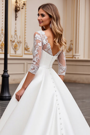 Ivory Satin A Line Sweetheart Sweep Train Wedding Dress with Lace