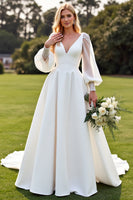 Load image into Gallery viewer, Ivory V Neck Satin A Line Sweep Train Wedding Dress with Lace