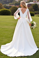 Load image into Gallery viewer, Ivory V Neck Satin A Line Sweep Train Wedding Dress with Lace