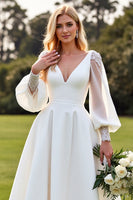 Load image into Gallery viewer, Ivory V Neck Satin A Line Sweep Train Wedding Dress with Lace