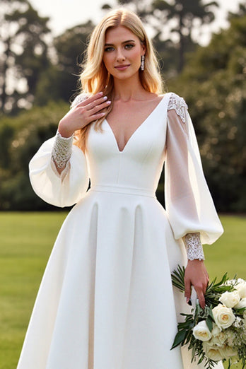 Ivory V Neck Satin A Line Sweep Train Wedding Dress with Lace