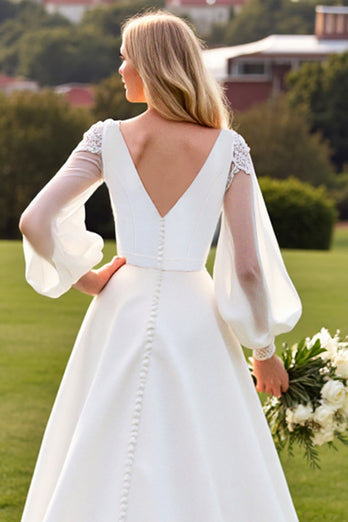 Ivory V Neck Satin A Line Sweep Train Wedding Dress with Lace