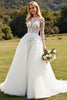 Load image into Gallery viewer, Ivory A Line Illusion Boat Neck Sweep Train Wedding Dress with Lace