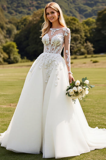 Ivory A Line Illusion Boat Neck Sweep Train Wedding Dress with Lace