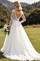 Load image into Gallery viewer, Ivory A Line Illusion Boat Neck Sweep Train Wedding Dress with Lace