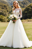 Load image into Gallery viewer, Ivory A Line Illusion Boat Neck Sweep Train Wedding Dress with Lace