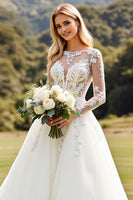 Load image into Gallery viewer, Ivory A Line Illusion Boat Neck Sweep Train Wedding Dress with Lace