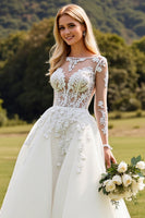 Load image into Gallery viewer, Ivory A Line Illusion Boat Neck Sweep Train Wedding Dress with Lace
