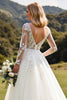 Load image into Gallery viewer, Ivory A Line Illusion Boat Neck Sweep Train Wedding Dress with Lace