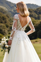 Load image into Gallery viewer, Ivory A Line Illusion Boat Neck Sweep Train Wedding Dress with Lace