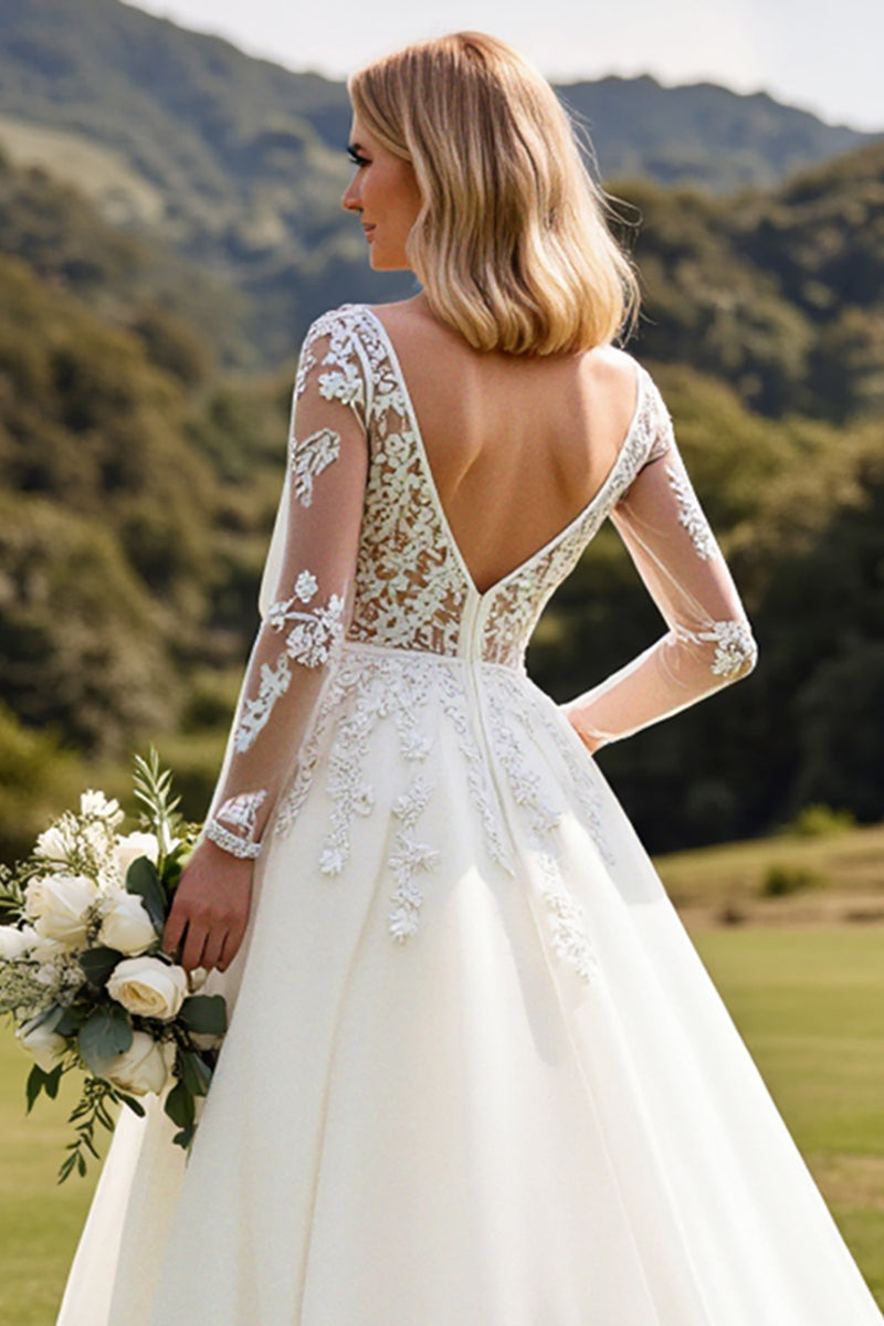 Load image into Gallery viewer, Ivory A Line Illusion Boat Neck Sweep Train Wedding Dress with Lace