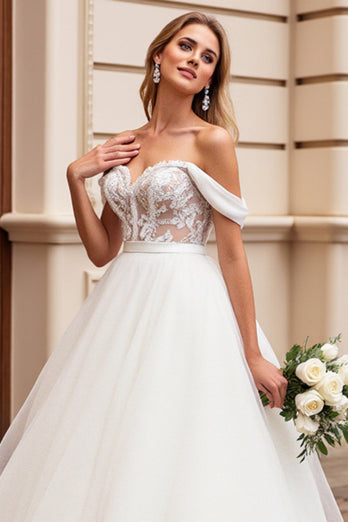 Ivory A Line Off the Shoulder Sweep Train Wedding Dress with Lace