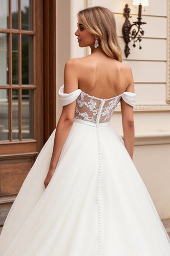 Ivory A Line Off the Shoulder Sweep Train Wedding Dress with Lace
