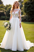 Load image into Gallery viewer, Ivory Chiffon A Line Sweetheart Sweep Train Wedding Dress with Lace