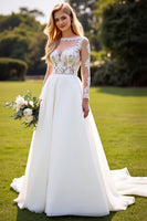 Load image into Gallery viewer, Ivory Chiffon A Line Sweetheart Sweep Train Wedding Dress with Lace