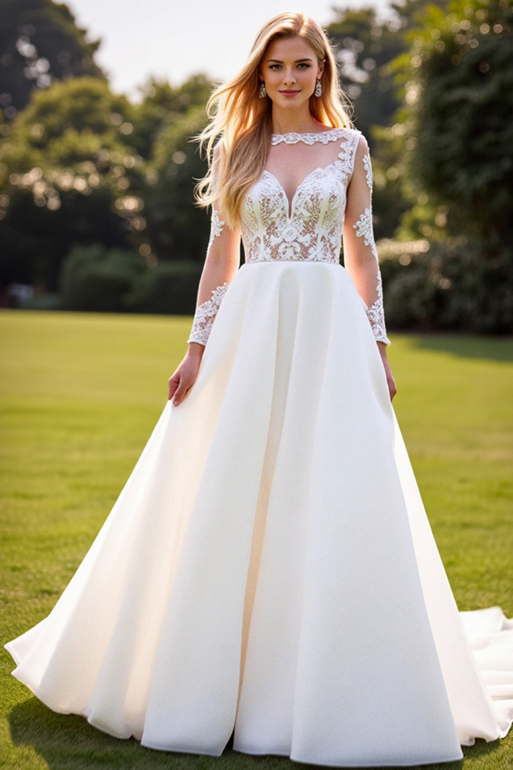 Ivory Chiffon A Line Sweetheart Sweep Train Wedding Dress with Lace
