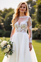Load image into Gallery viewer, Ivory Chiffon A Line Sweetheart Sweep Train Wedding Dress with Lace