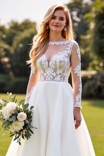 Ivory Chiffon A Line Sweetheart Sweep Train Wedding Dress with Lace