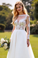 Load image into Gallery viewer, Ivory Chiffon A Line Sweetheart Sweep Train Wedding Dress with Lace