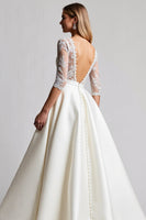Load image into Gallery viewer, Ivory Satin A Line V Neck Sweep Train Wedding Dress with Lace
