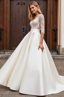 Load image into Gallery viewer, Ivory Satin A Line V Neck Sweep Train Wedding Dress with Lace