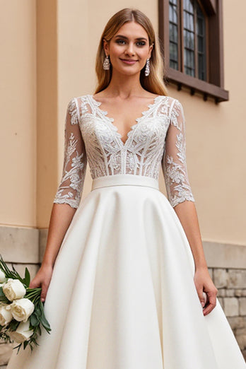 Ivory Satin A Line V Neck Sweep Train Wedding Dress with Lace