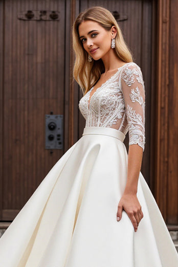 Ivory Satin A Line V Neck Sweep Train Wedding Dress with Lace