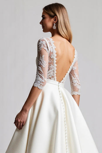 Ivory Satin A Line V Neck Sweep Train Wedding Dress with Lace