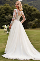 Load image into Gallery viewer, Ivory A Line Illusion Boat Neck Sweep Train Wedding Dress with Lace