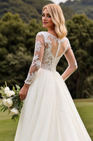 Load image into Gallery viewer, Ivory A Line Illusion Boat Neck Sweep Train Wedding Dress with Lace