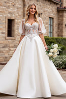 Load image into Gallery viewer, Ivory Satin A Line Sweetheart Floor Length Wedding Dress with Lace