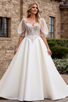 Load image into Gallery viewer, Ivory Satin A Line Sweetheart Floor Length Wedding Dress with Lace