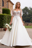 Load image into Gallery viewer, Ivory Satin A Line Sweetheart Floor Length Wedding Dress with Lace