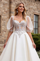 Load image into Gallery viewer, Ivory Satin A Line Sweetheart Floor Length Wedding Dress with Lace