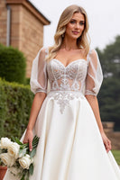 Load image into Gallery viewer, Ivory Satin A Line Sweetheart Floor Length Wedding Dress with Lace