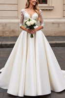 Load image into Gallery viewer, Ivory A Line Satin V Neck Sweep Train Wedding Dress with Lace