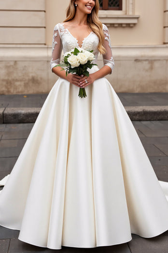 Ivory A Line Satin V Neck Sweep Train Wedding Dress with Lace