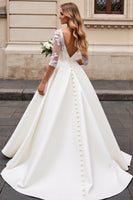 Load image into Gallery viewer, Ivory A Line Satin V Neck Sweep Train Wedding Dress with Lace