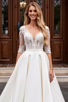 Load image into Gallery viewer, Ivory A Line Satin V Neck Sweep Train Wedding Dress with Lace