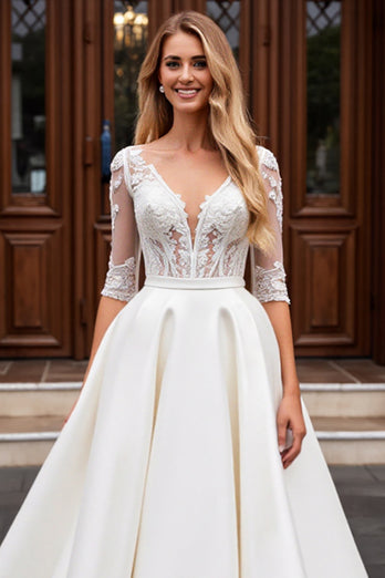 Ivory A Line Satin V Neck Sweep Train Wedding Dress with Lace