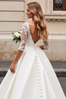 Load image into Gallery viewer, Ivory A Line Satin V Neck Sweep Train Wedding Dress with Lace