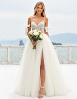 Load image into Gallery viewer, Ivory Organza Sweep Train Spaghetti Straps Ball Gown Wedding Dress with Bow