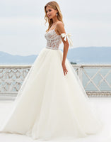 Load image into Gallery viewer, Ivory Organza Sweep Train Spaghetti Straps Ball Gown Wedding Dress with Bow