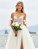 Load image into Gallery viewer, Ivory Organza Sweep Train Spaghetti Straps Ball Gown Wedding Dress with Bow