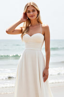 Load image into Gallery viewer, Simple White Satin Sweep Train Sweetheart Boho Wedding Dress