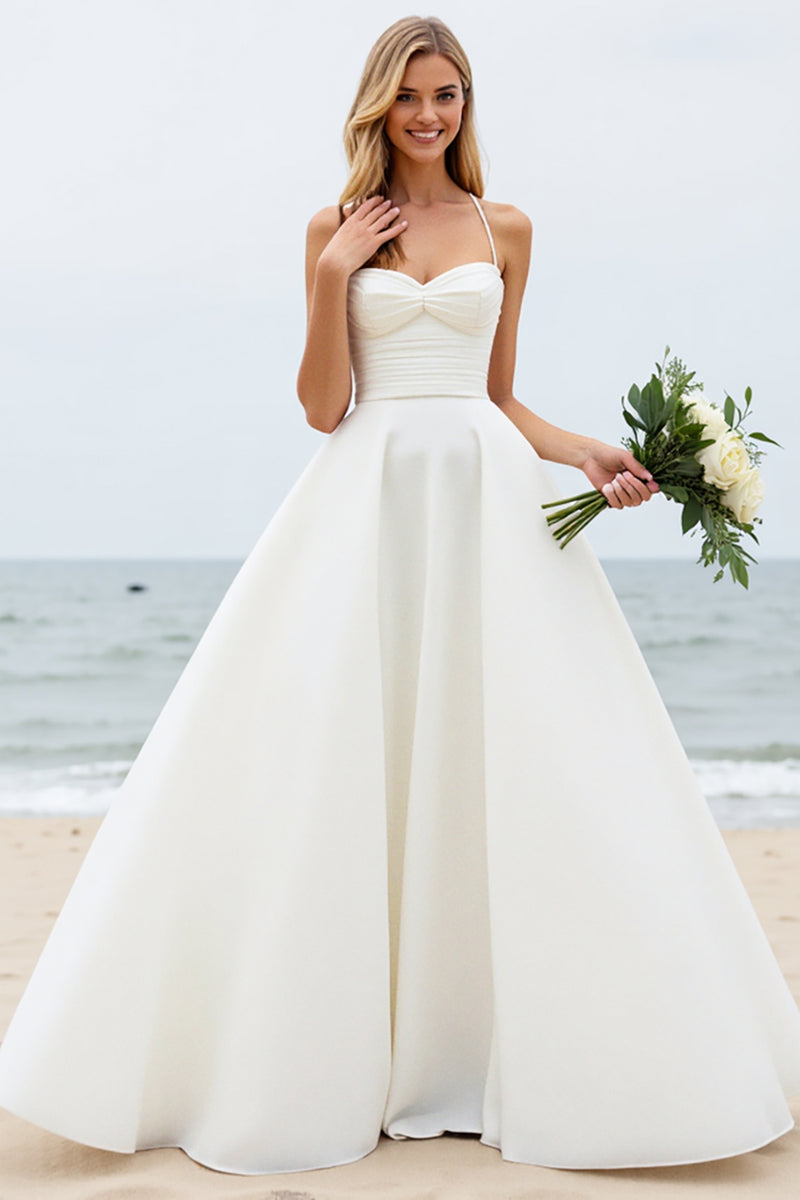 Load image into Gallery viewer, Simple Ivory Watteau Train Spaghetti Straps Ball Gown Wedding Dress