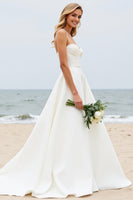 Load image into Gallery viewer, Simple Ivory Watteau Train Spaghetti Straps Ball Gown Wedding Dress